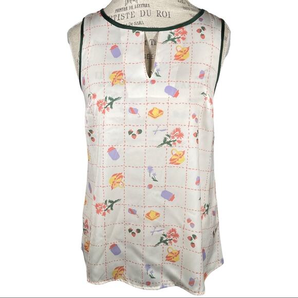 Modcloth Picnic Print 3 Tie Keyhole Sleeveless Blouse Size Small Picnic Food NWT - Picture 1 of 10